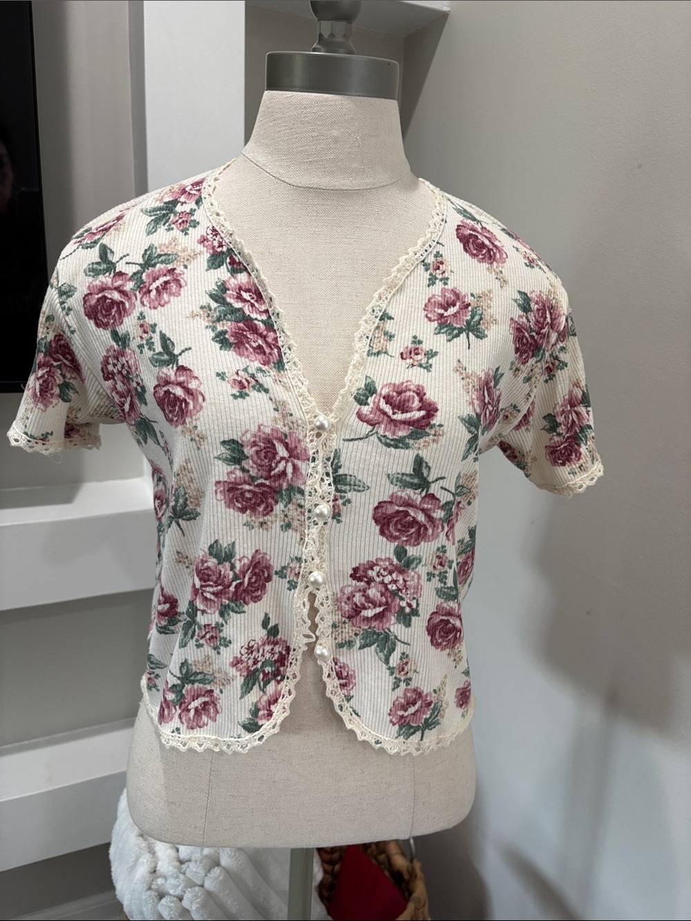 Cream Rose-Print Lace Trim Button Cardigan